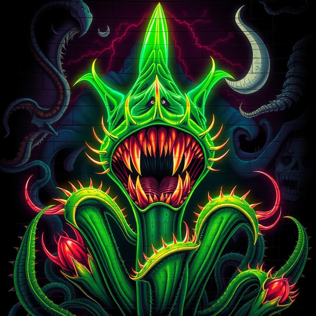 Nightmarish Venus Flytrap Mural with Neon Fangs