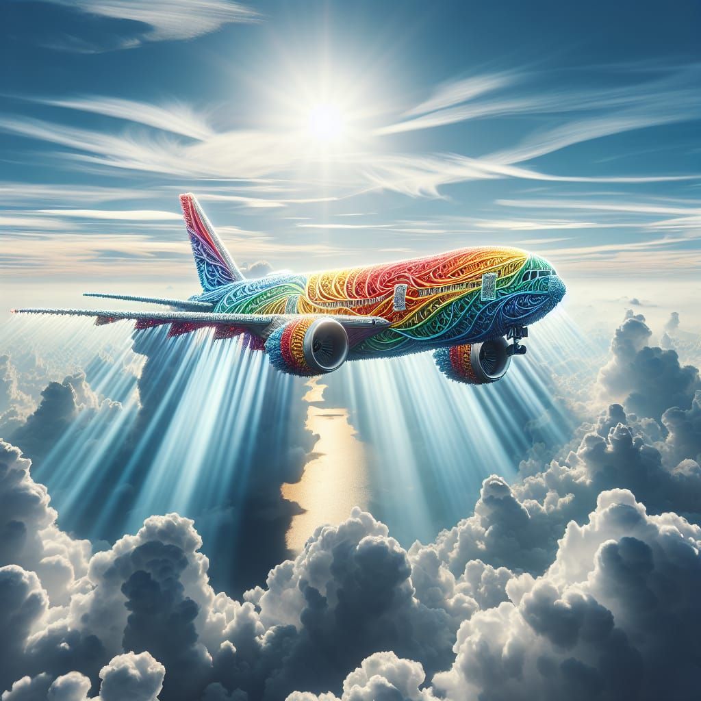 Rainbow Airplane Soaring Through Clouds in Sunlight