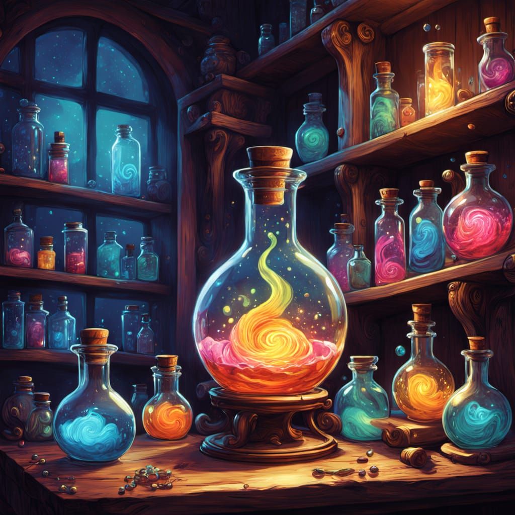 Whimsical Potion Tester in Glowing Neon Alchemy Lab