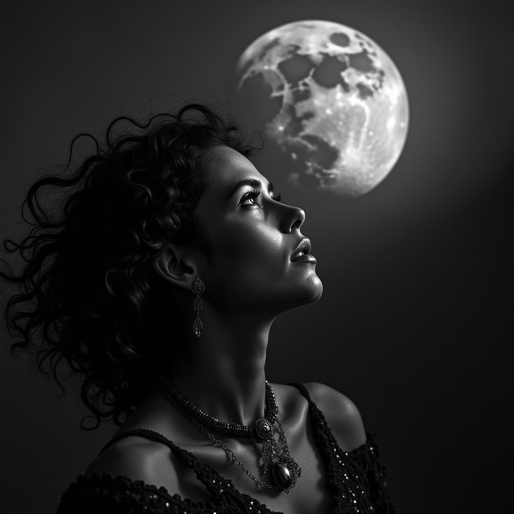 Mystical Gipsy Woman Gazing at Moon in Black and White