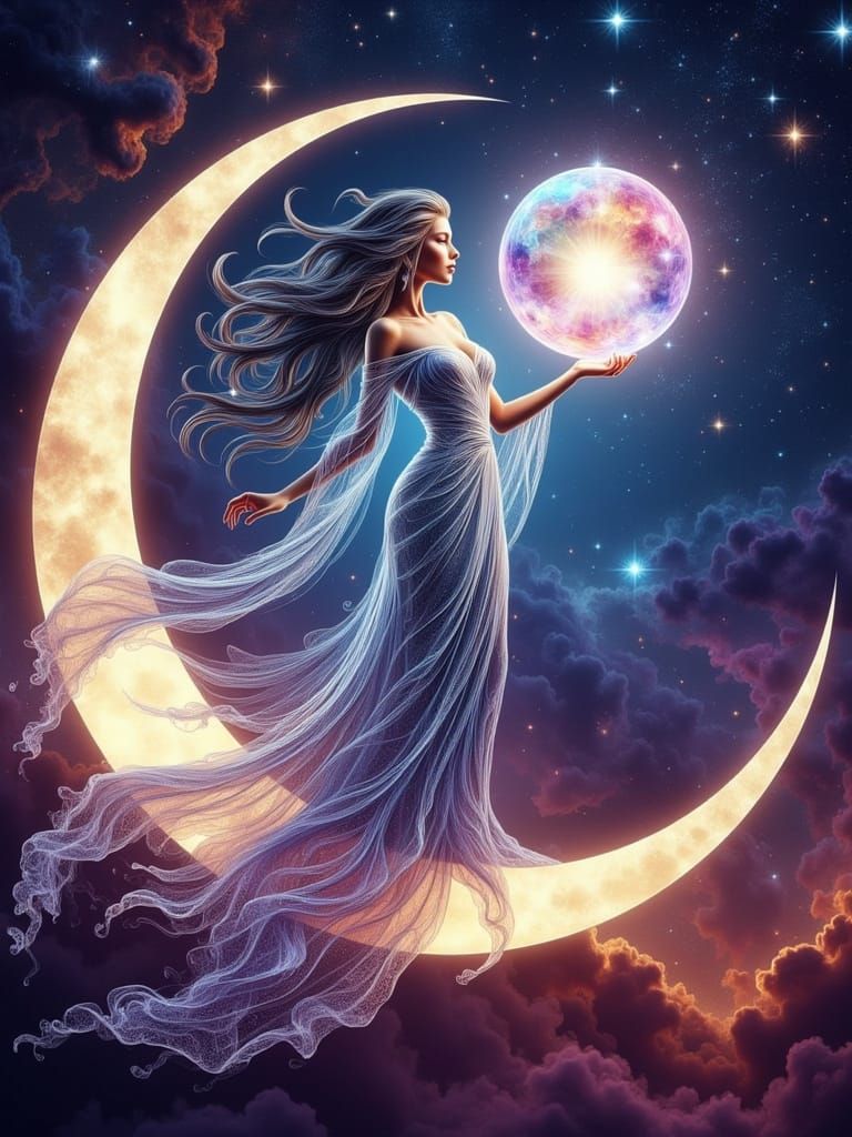 Majestic Goddess of Light on Crescent Moon