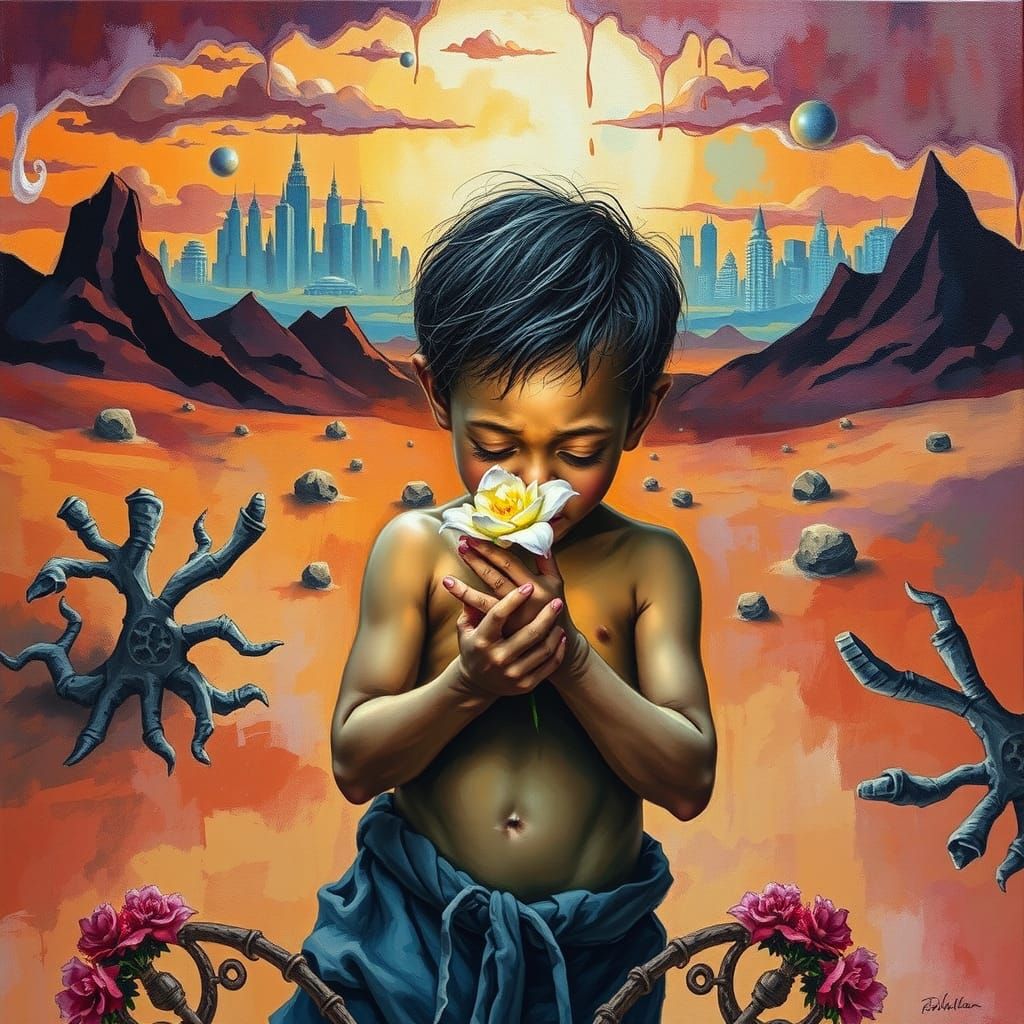 Starving Child with Flower in Dystopian Landscape