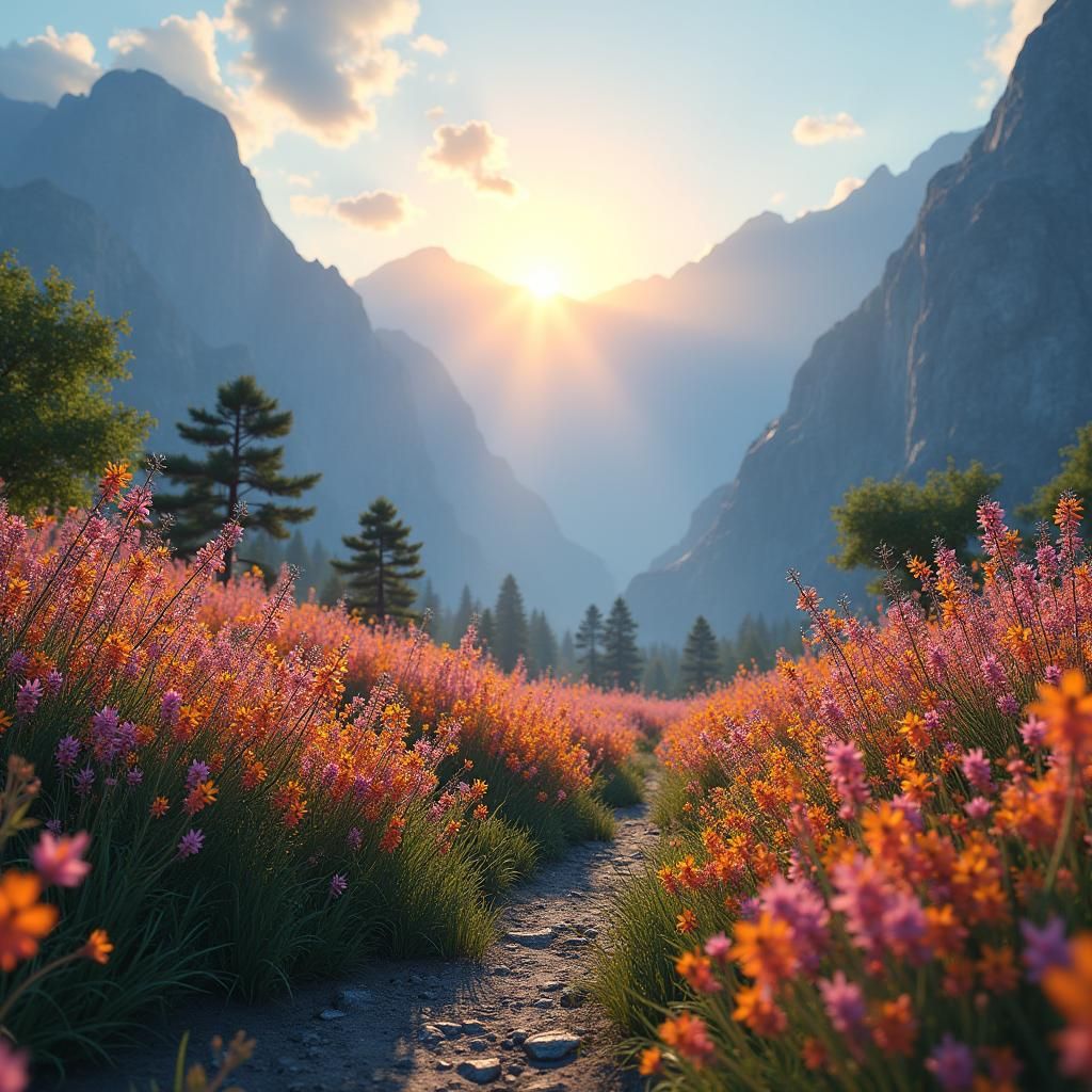 Luminous Landscape with Bees and Mountain Backdrop