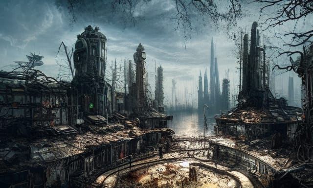 Post-Apocalyptic City Landscape Painting in Two Point Perspe...
