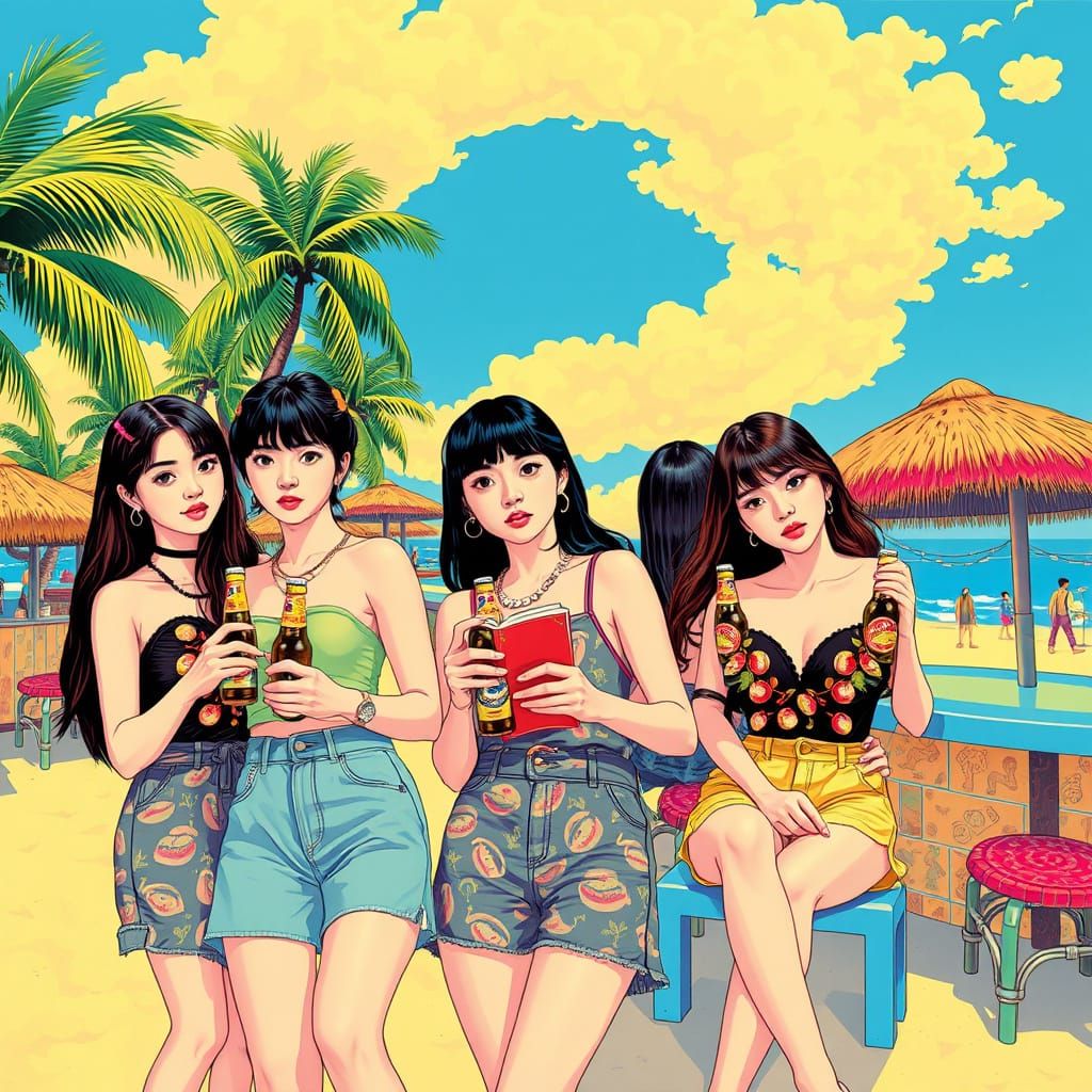 Korean Women at Beach Party in Psychedelic Style