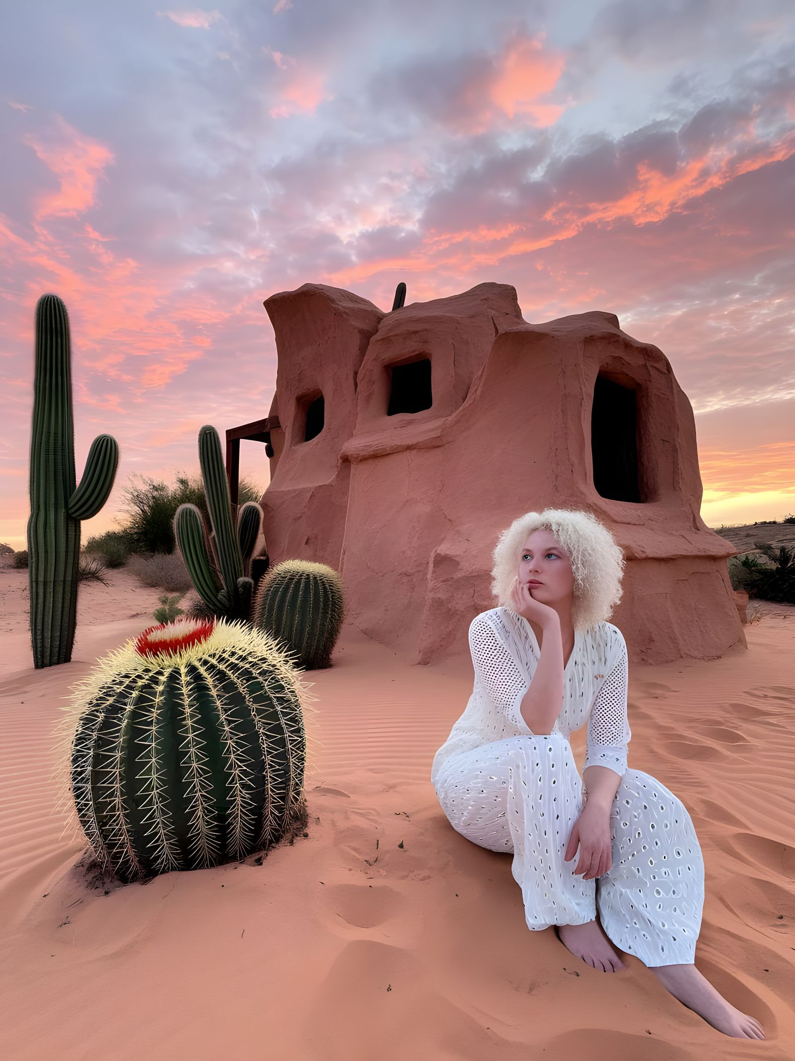 Desert Oasis: Albino Woman and Sand Dune House
