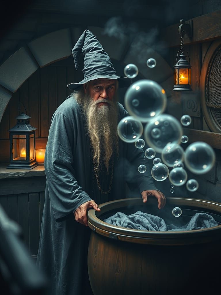 Weary Wizard Doing Laundry in Enchanted Room