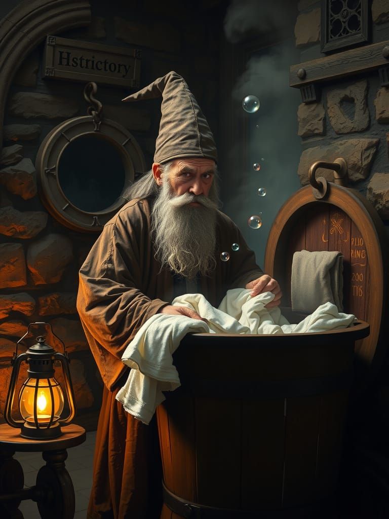 Tired Wizard Does Laundry in Enchanted Room