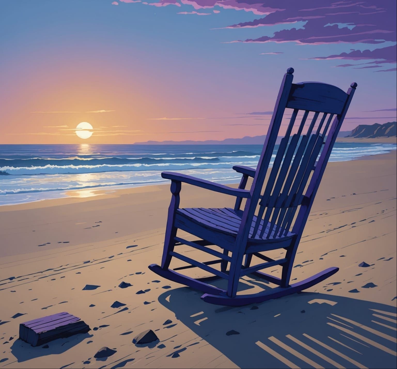 Melancholic Twilight: Rocking Chair on Windswept Beach