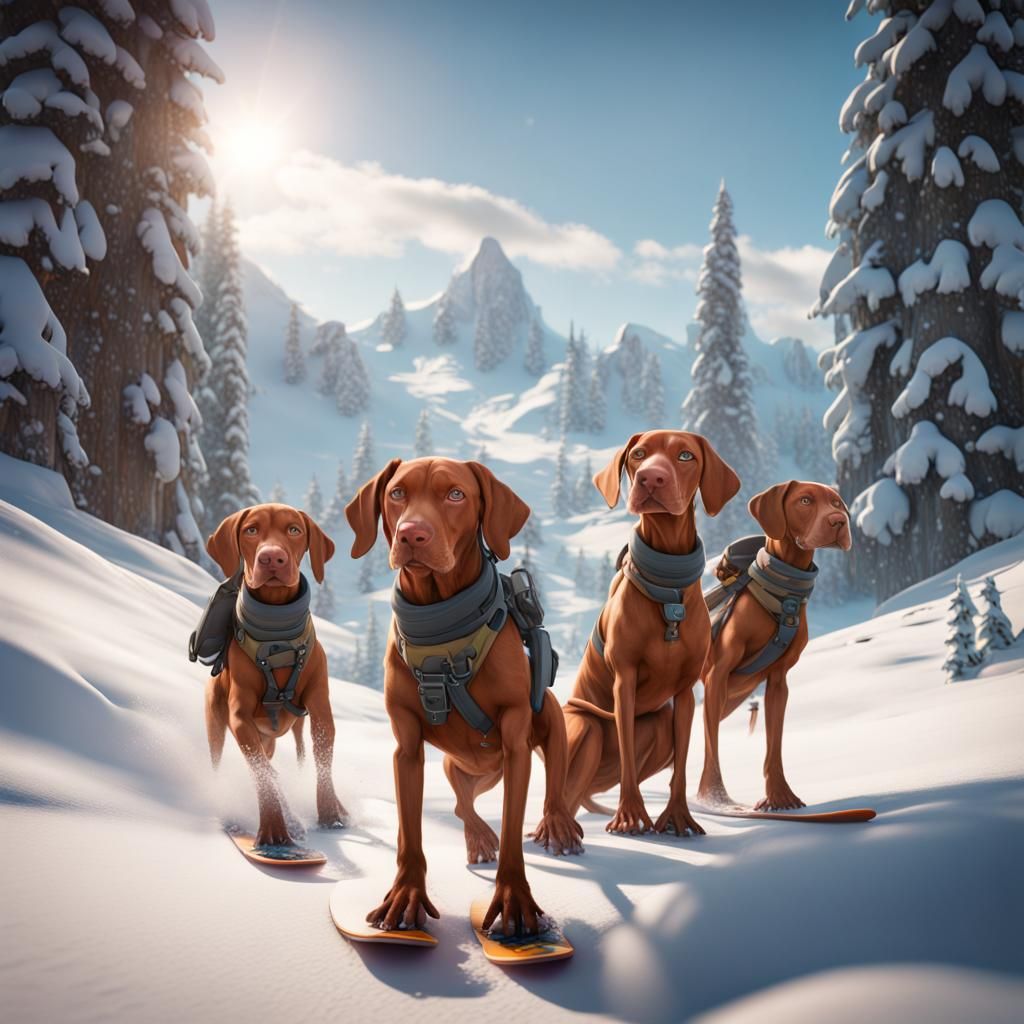 Vizsla Family Snowboarding: Detailed Matte Painting