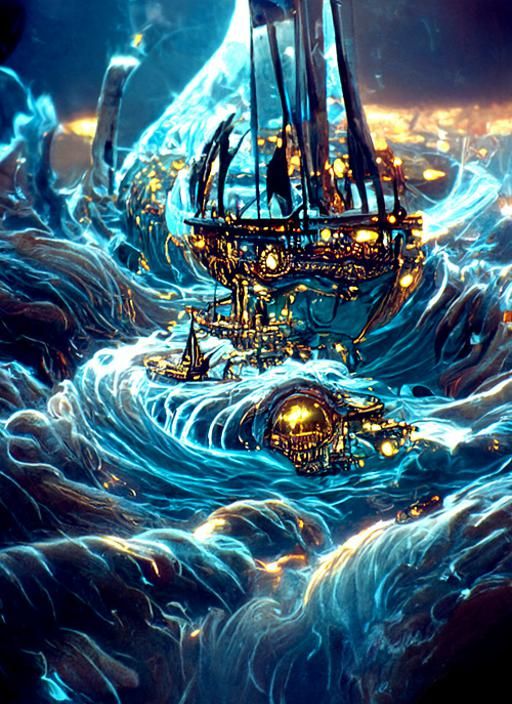 Gold Pirate Ship Sailing Crystal Ocean Maelstrom