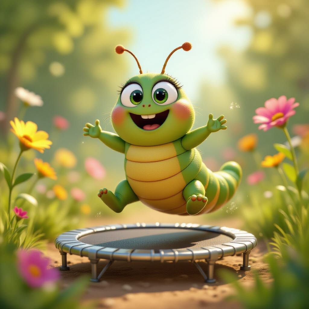 Joyful Caterpillar Bouncing in Pixar Style