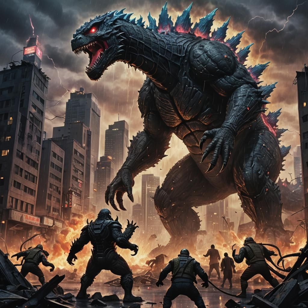 Godzilla vs. Kumonga: Kaiju Battle in Japanese Pop Art