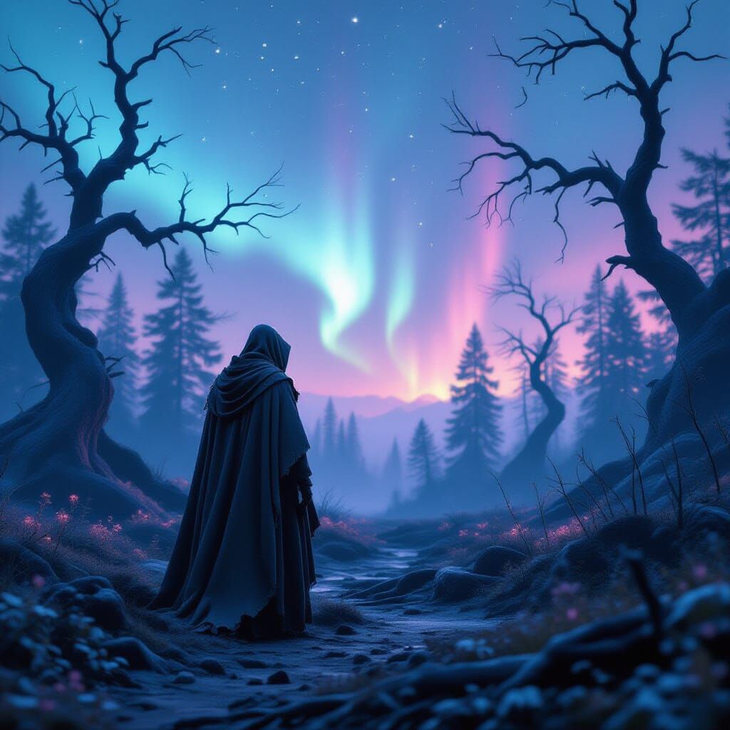 Post-Apocalyptic Forest Scene with Aurora Borealis