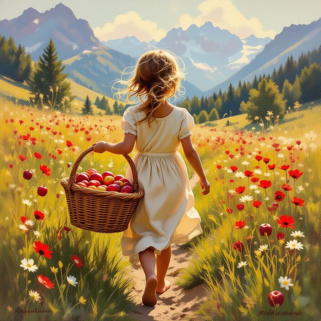 Barefoot Girl With Apples in Mountain Meadow