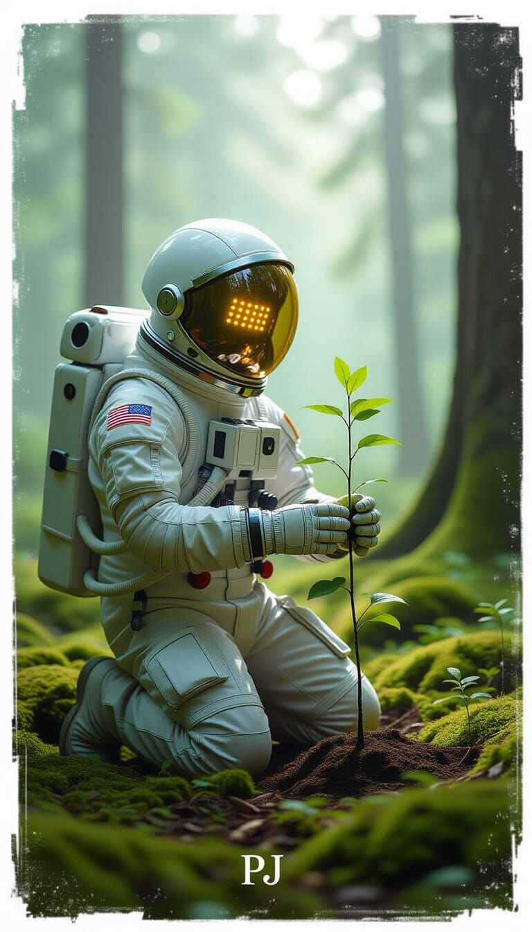 Astronaut Kneels in Glowing Forest Clearing