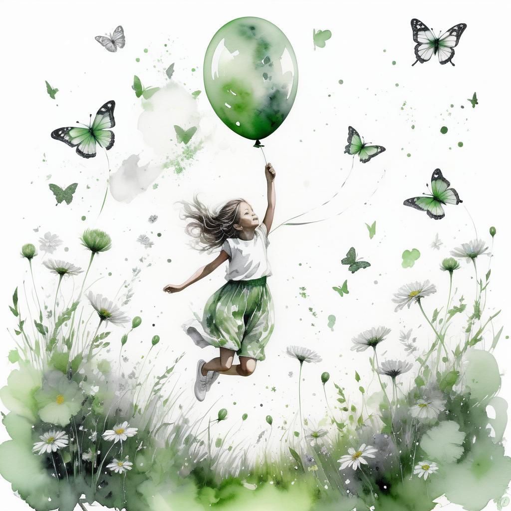 Girl Jumps Through Meadow with Balloon