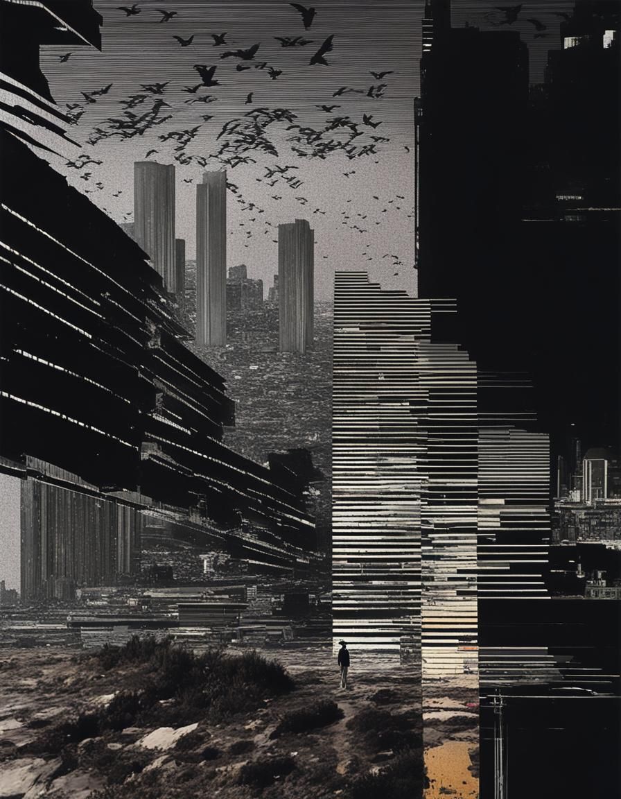 Surreal Cityscape with Corvids and Beaches in Postpunk Aesth...