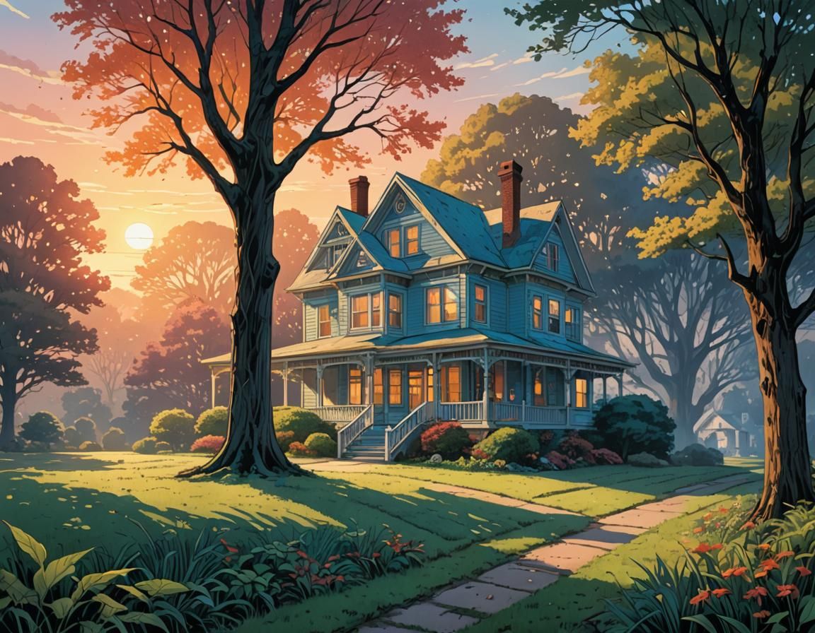 Tranquil House in Morning Light: Comic Book Style