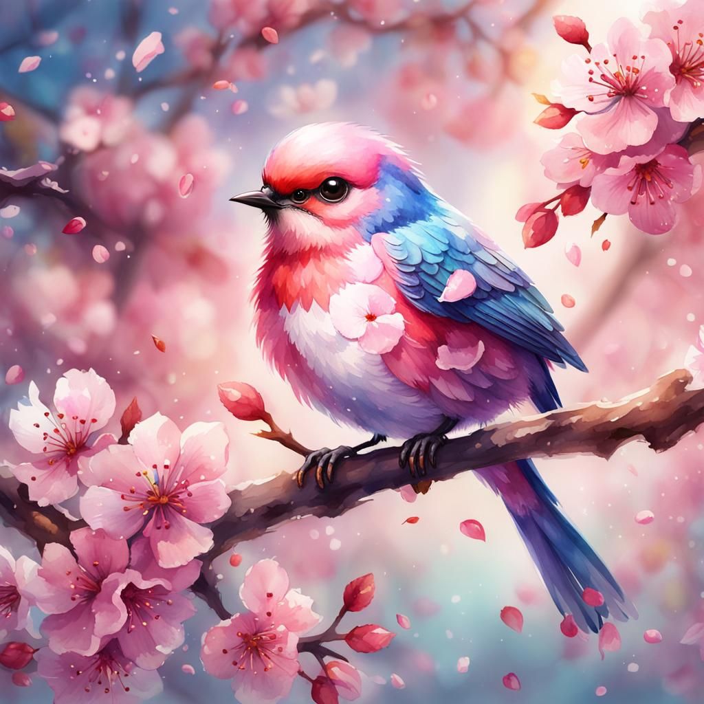 A watercolor painting of an adorable and cute cherry blossom bird