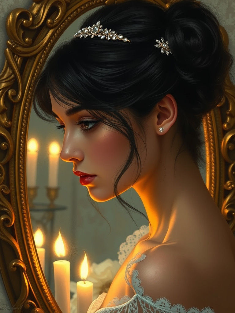 Woman Gazing in Mirror in 19th Century Style