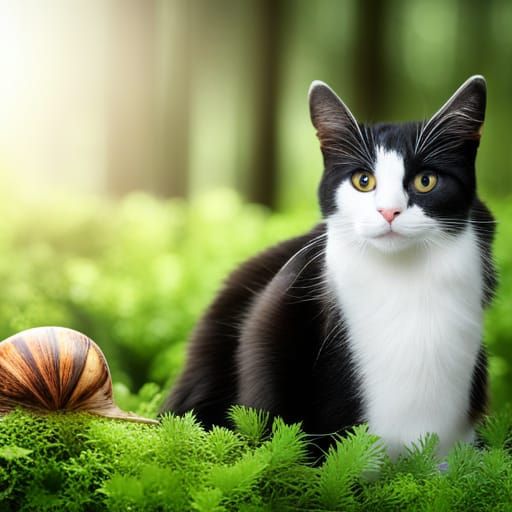 Cat and Snail in Black, White, and Green Forest