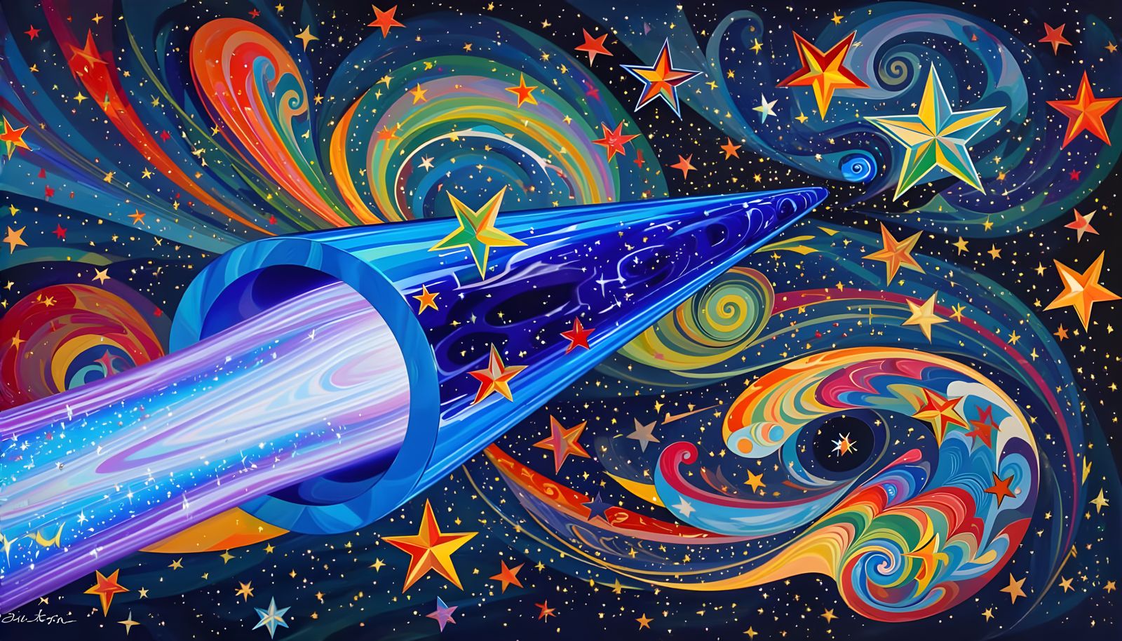 Sleek Cylinder Races Through Impasto Cosmic Dreamscape