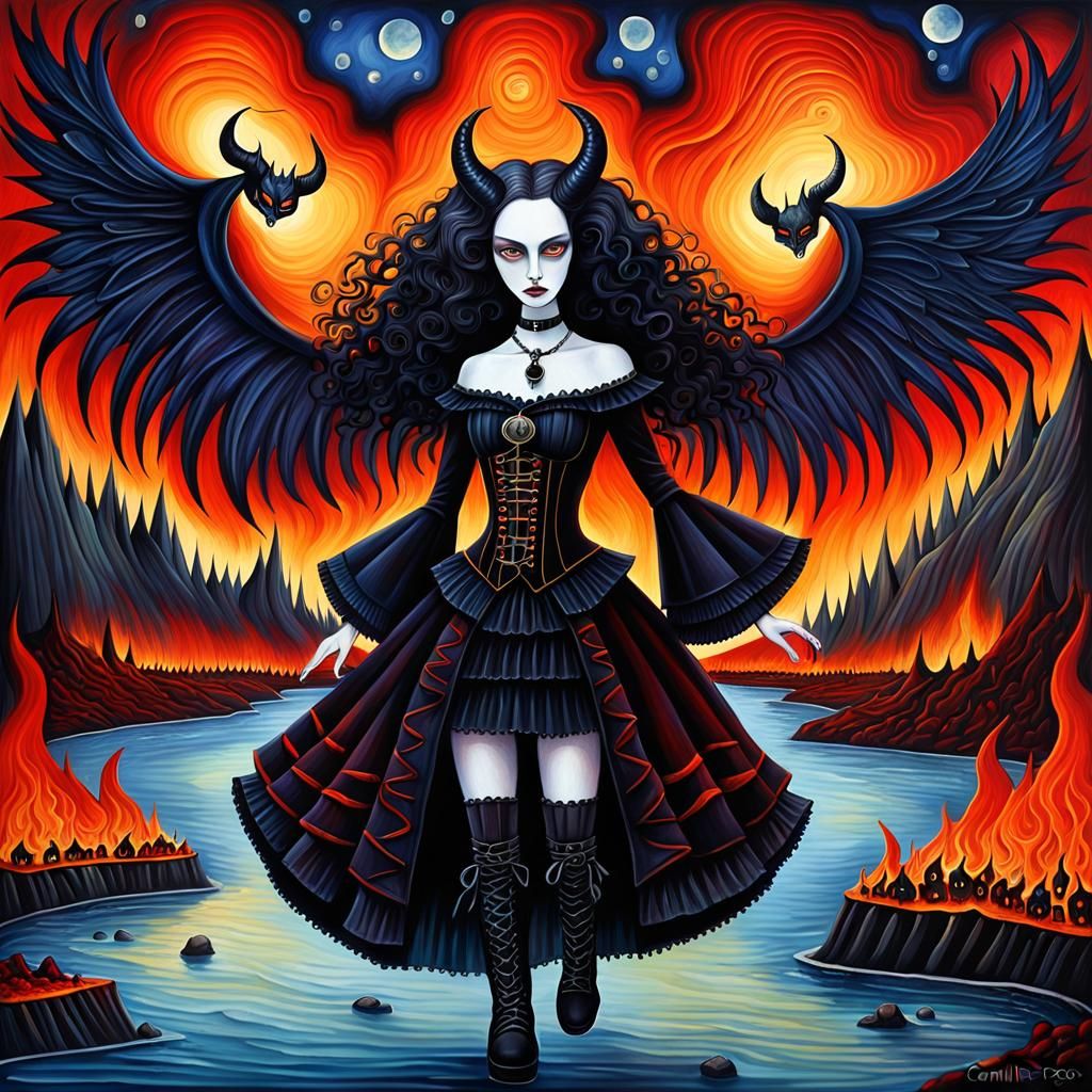 Gothic Demoness Over Lava River: Detailed Oil Painting