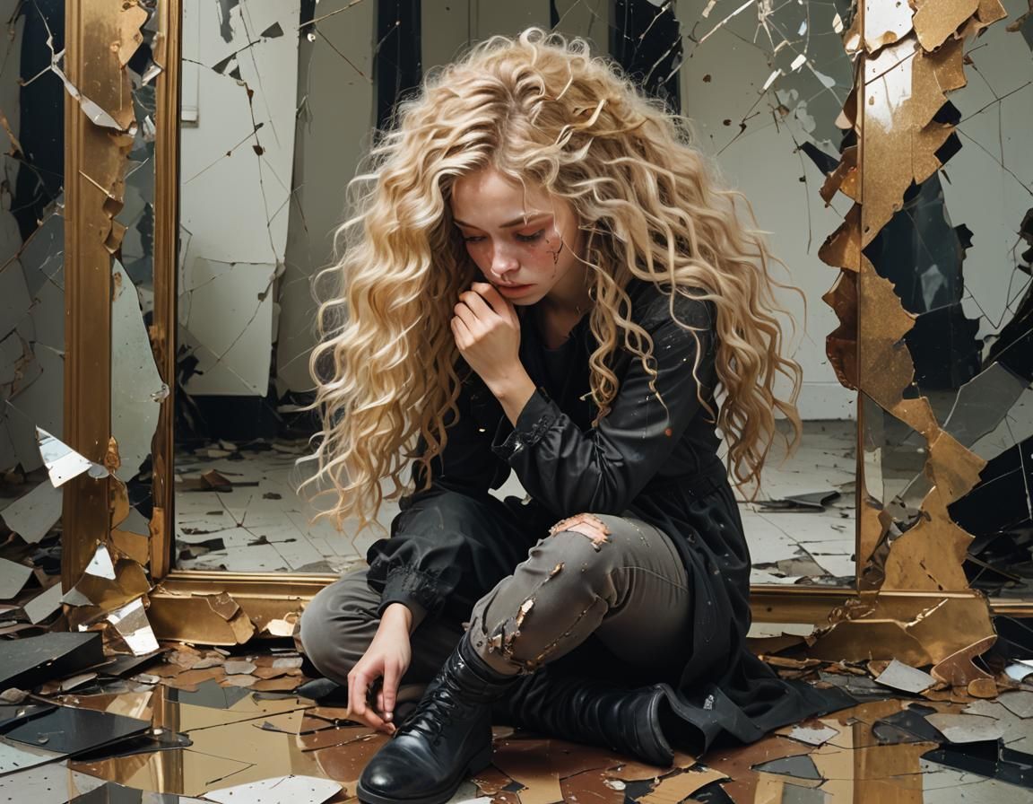 Glitch Noir Portrait of Girl with Broken Mirror