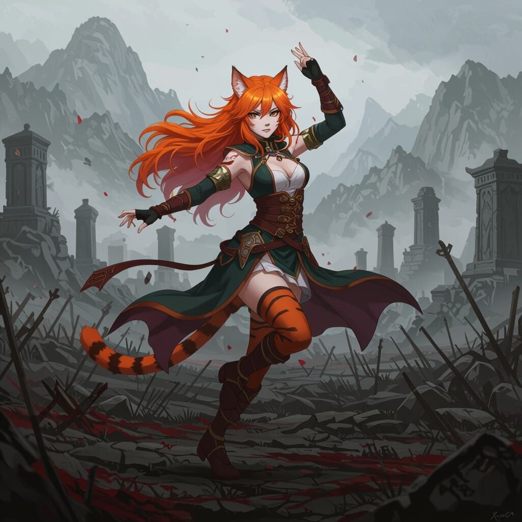 Weretiger Dances on Battlefield in Anime Style