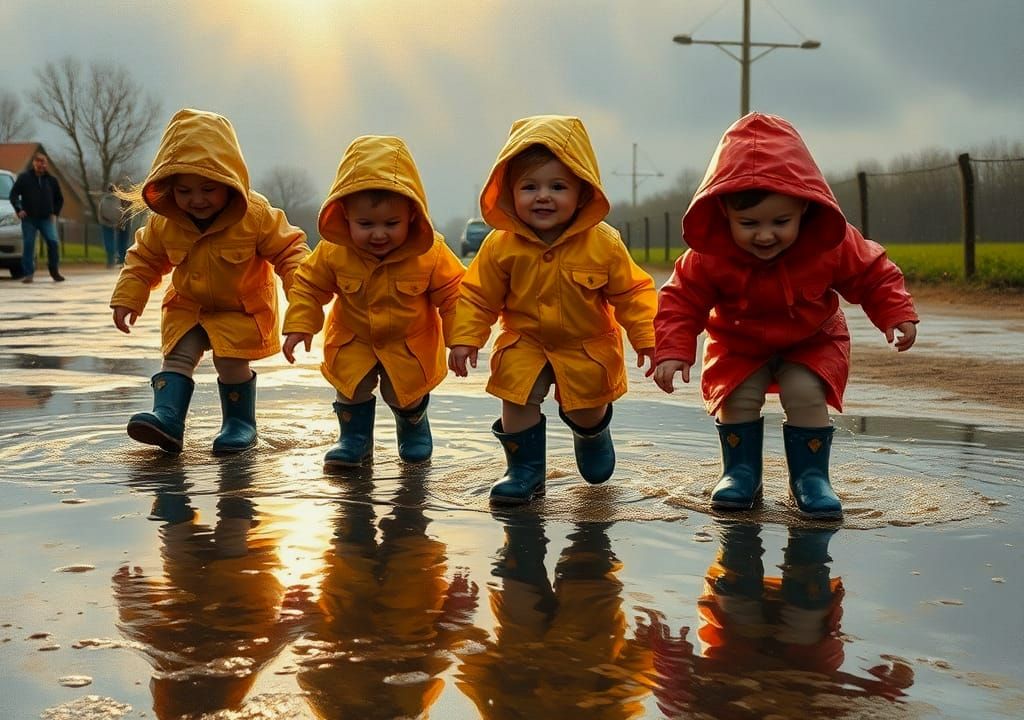 Children Playing in Rain: Photorealistic Oil Painting