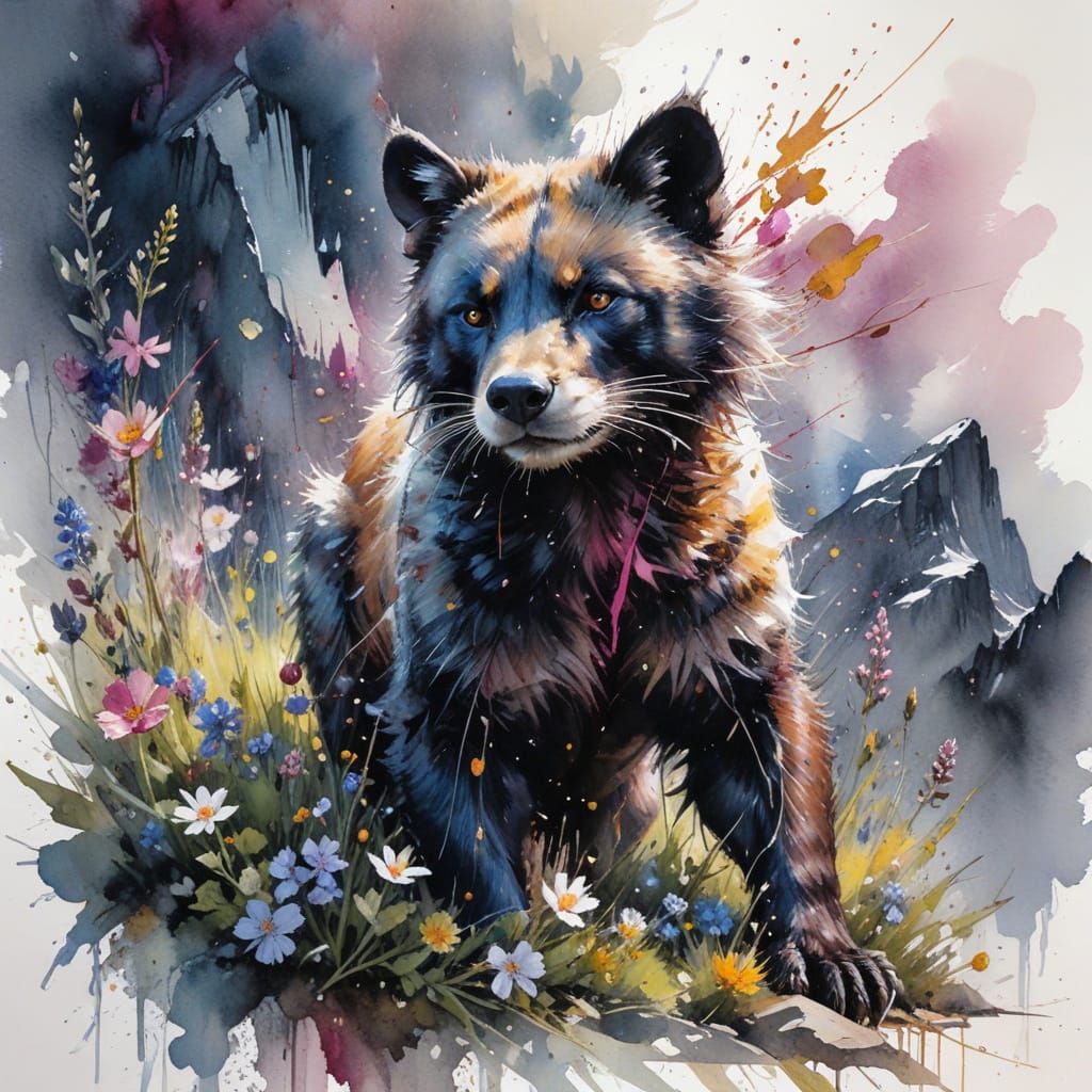 Wolverine in Blooming Alpine Meadow, Hyperrealistic Style