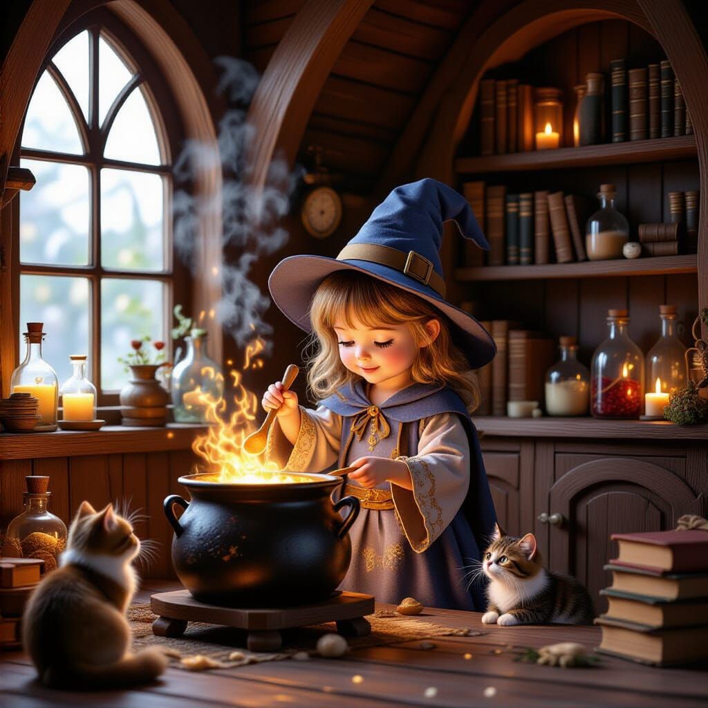 Young Wizard Girl Stirs Magic Cauldron in Fairytale House