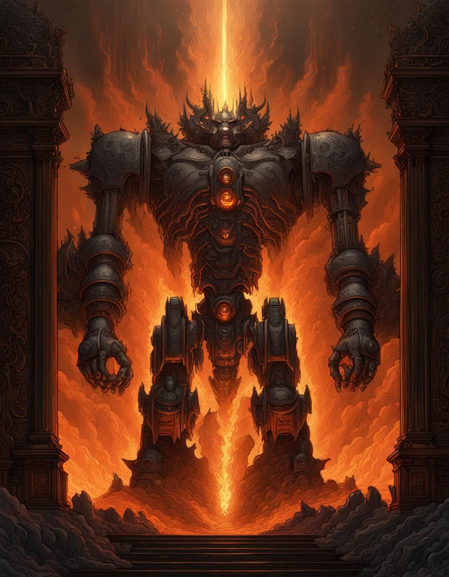 Hellgate Robot Engraving in Dark Fantasy Style