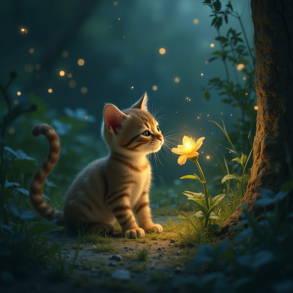 Kitten's Bioluminescent Garden: Whimsical Fantasy Art