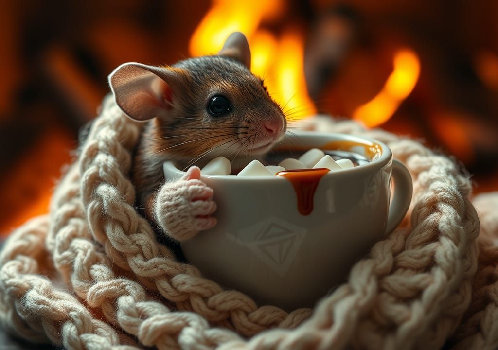A tiny mouse wrapped in a cozy blanket, holding a cup of hot...