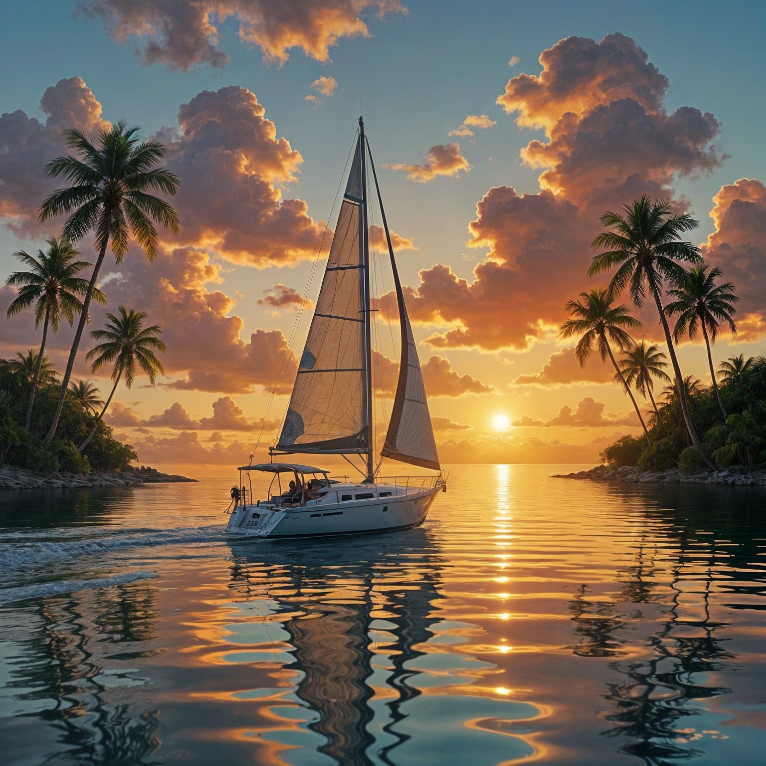 Sunset Sailboat Mural with Palm Trees and Ocean Reflection