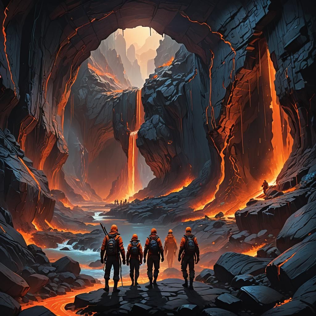 Fantasy Cave Adventure with Lava River and Waterfall