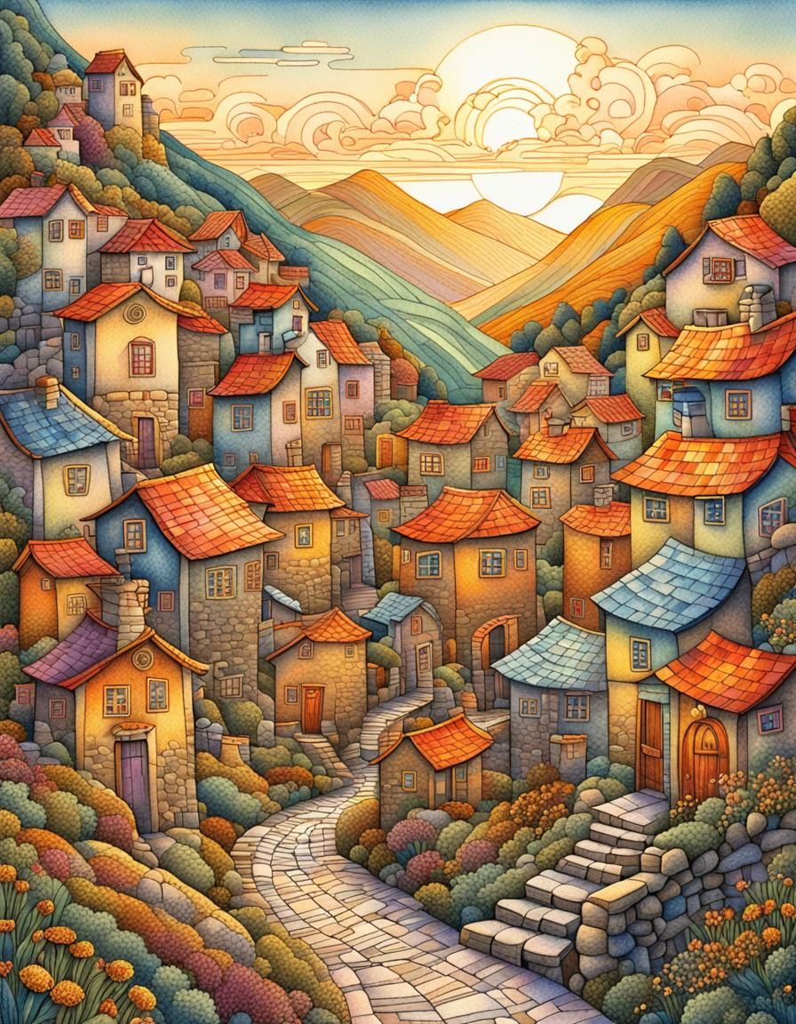 Mountain Village Sunrise in Pen and Ink Style