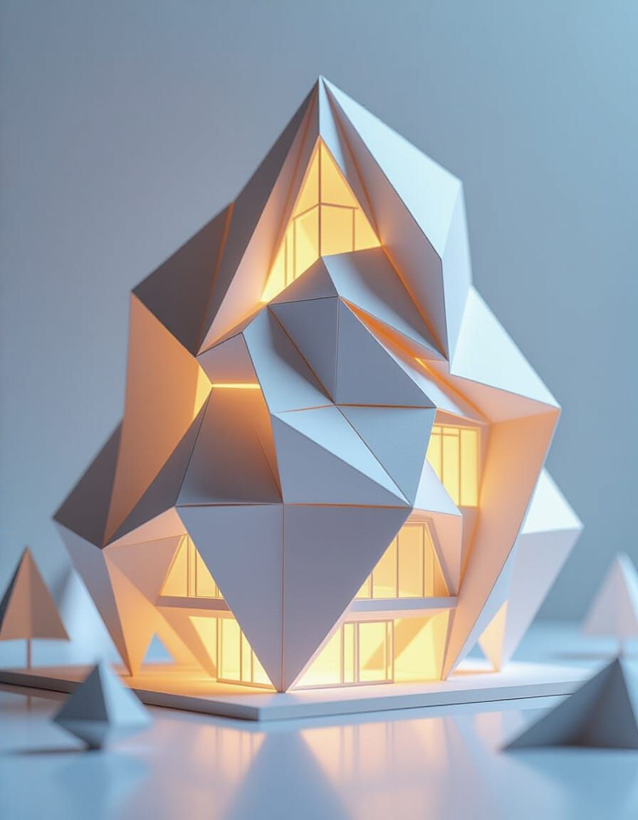 Origami Futuristic Building With Internal Glow