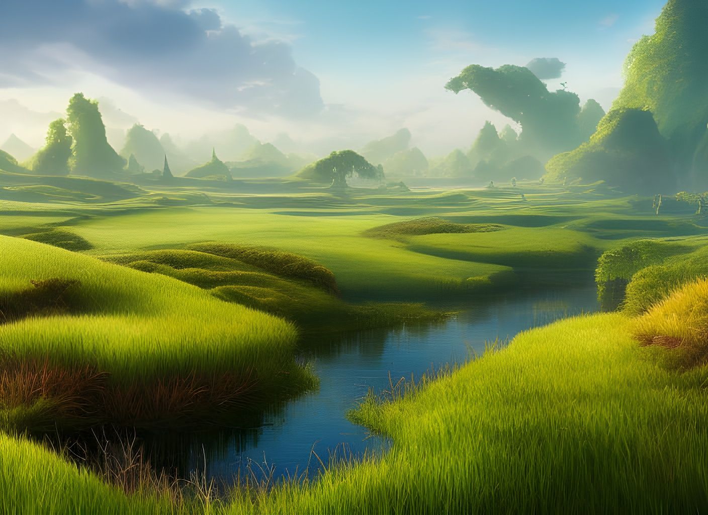 Lush Green Marshland in Cel-Shaded Style