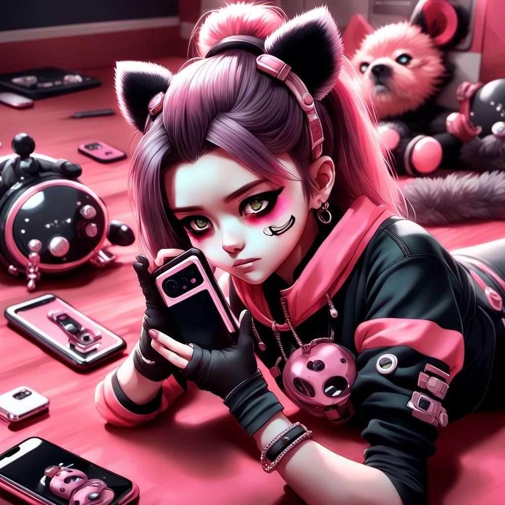 Girl with Smartphone in Anime Style 3D Art