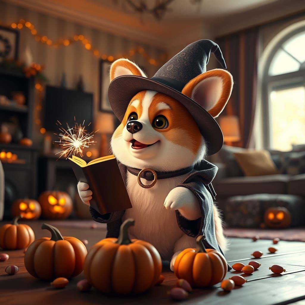 Fluffy Corgi Wizard Casting Spark Spell with Glowing Pumpkin...