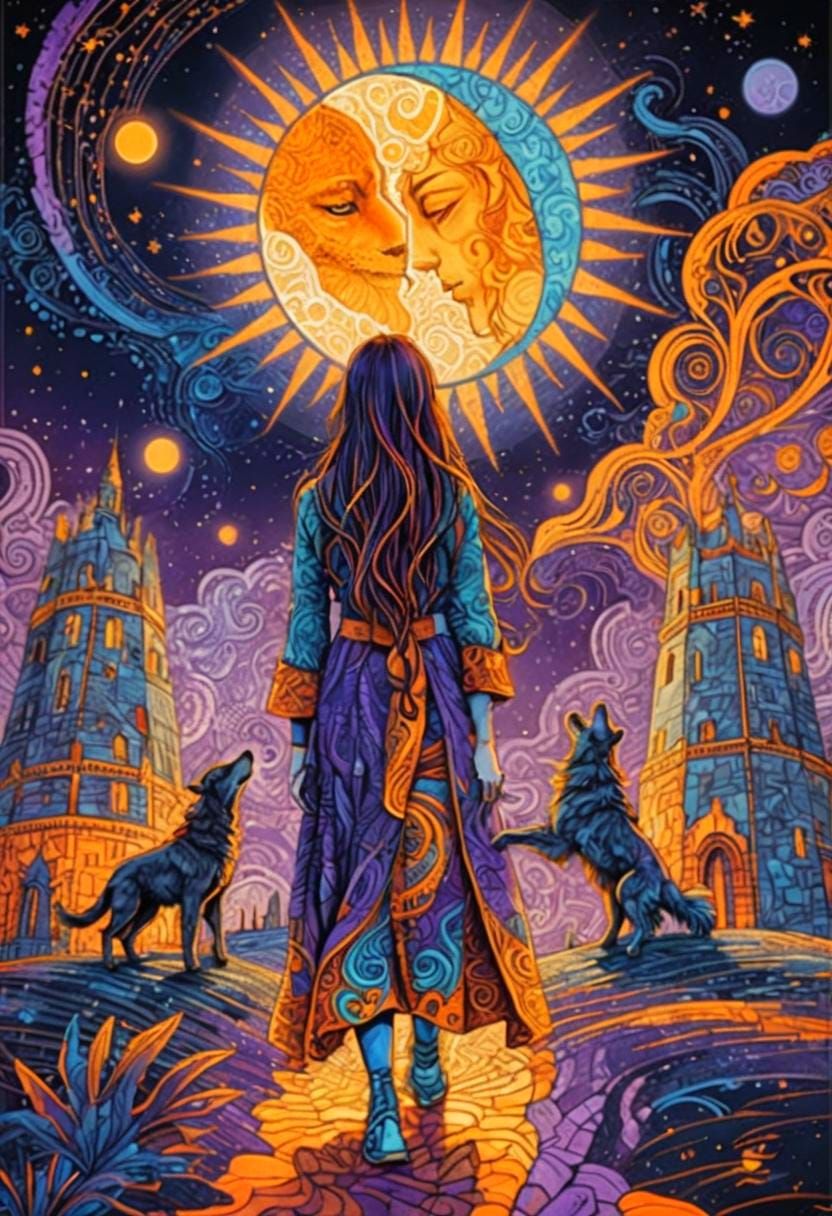 Mysterious Girl and Moon in Abstract Fractal Style