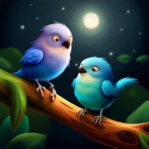 Birds on Branch in Storybook Style