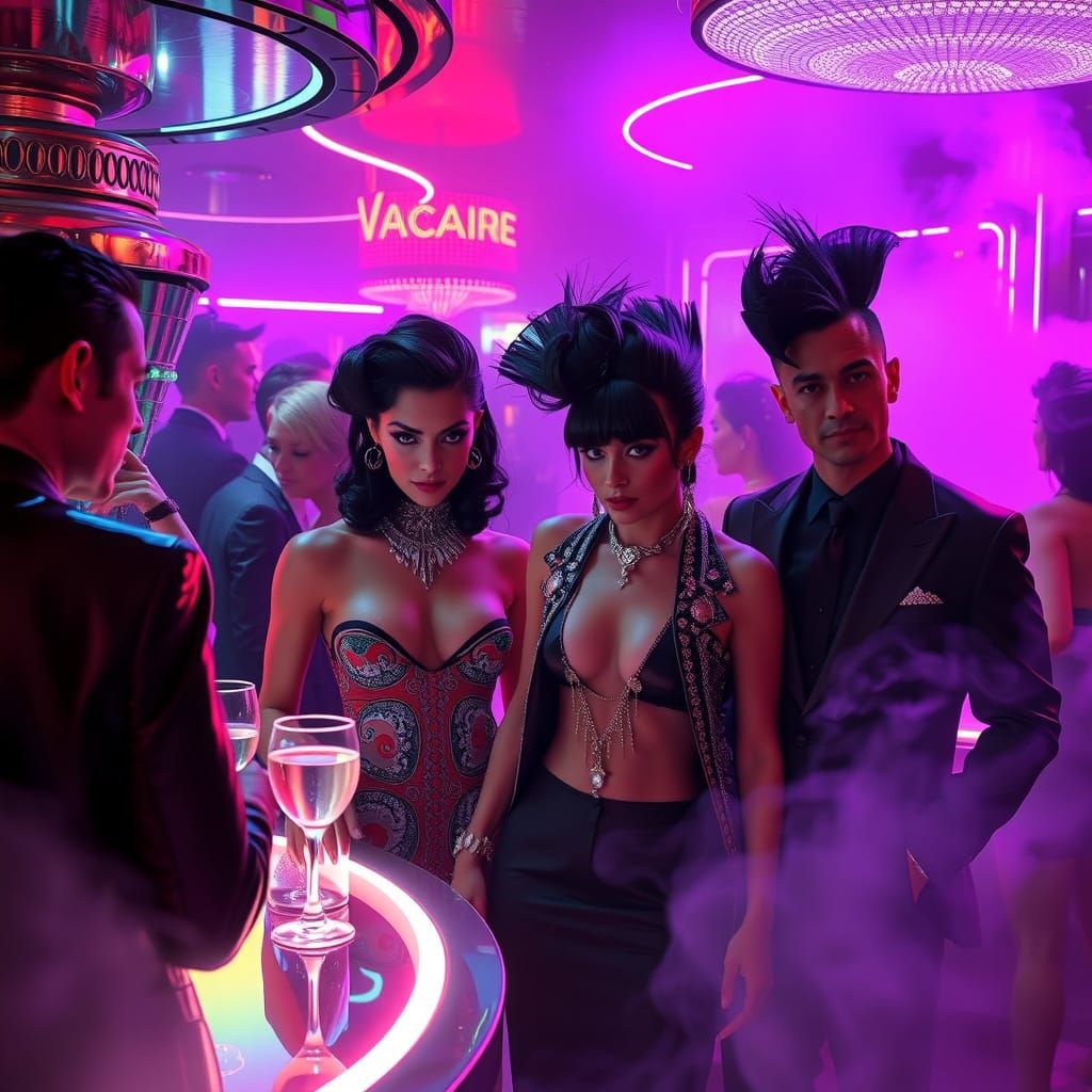 Vampires in a Futuristic Disco Bar with Luxurious Glamour