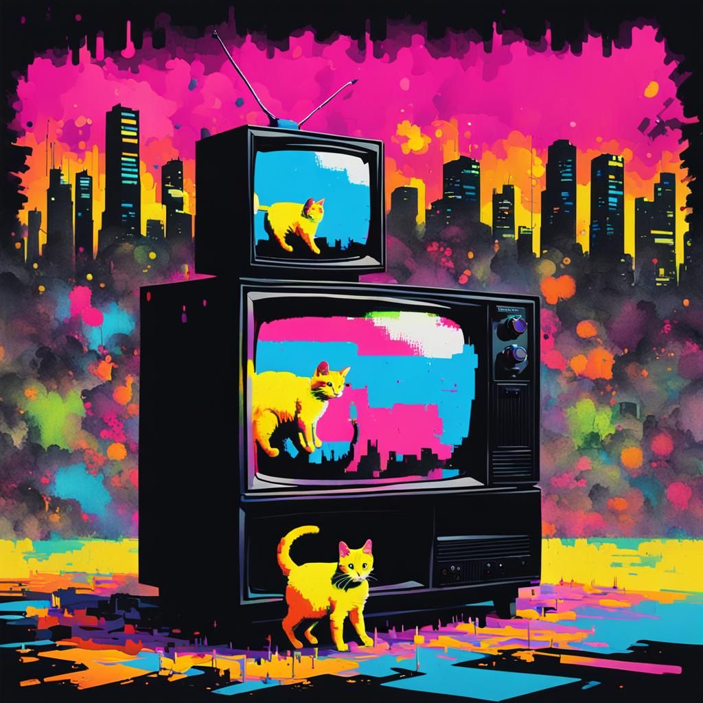 Fluorescent Pixel Cat Glitching Out of Television