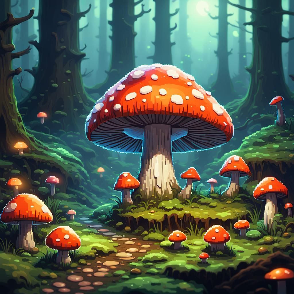 Sad Mushroom in Pixel Art Forest