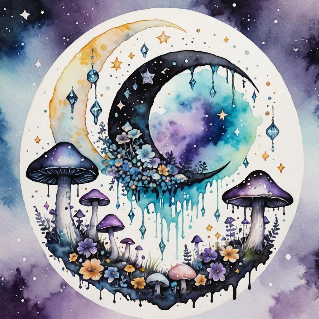 Pastel Goth Crescent Moon with Crystals in Watercolour