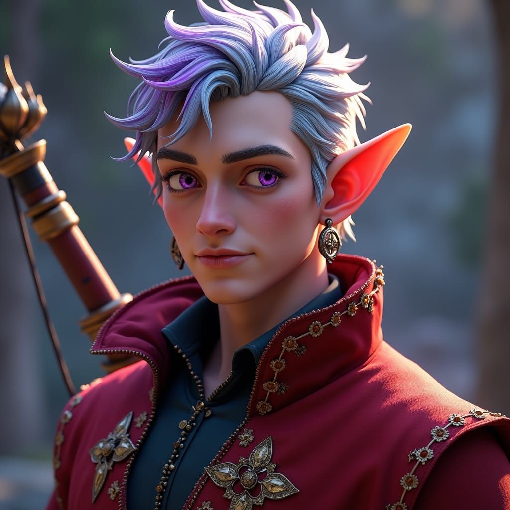 Elf Swashbuckler with Purple Highlights, Detailed Matte Pain...